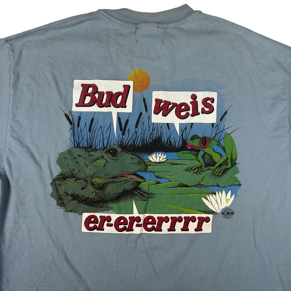 Vintage 90s Budweiser Frogs T Shirt Hanes Beefy XL Blue Bud-weis-er USA Made